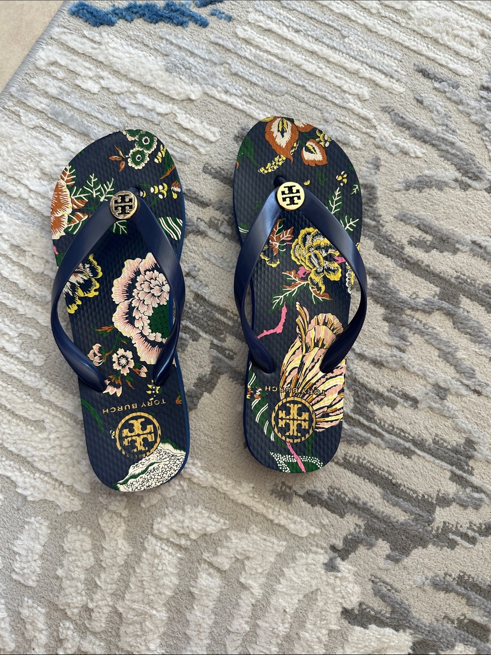 Tory Burch Navy Floral Logo Flip-Flop Sandals